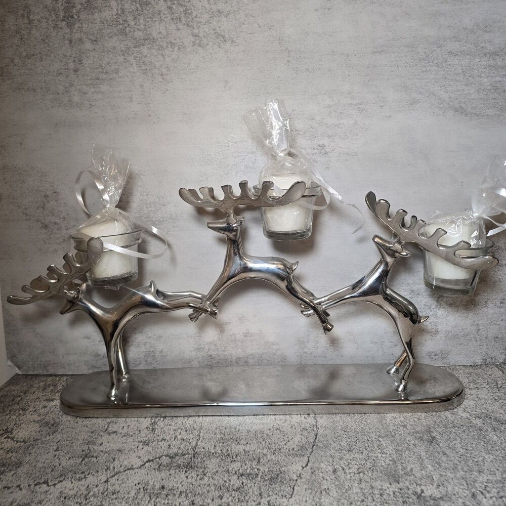 Pottery Barn Three Leaping Reindeer and Glass Votive Candle Holder Christmas - Picture 3 of 7